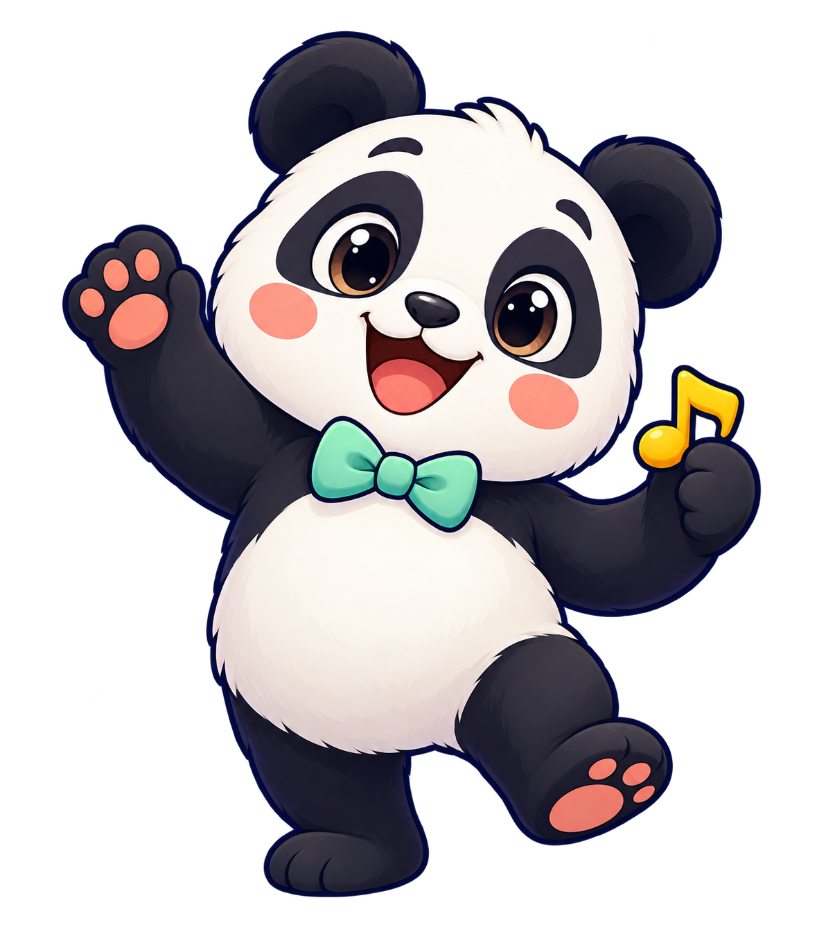 Un panda souriant qui salue avec une note de musique